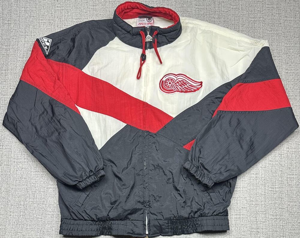 Vintage Detroit Red Wings Jacket Mens L White Black Windbreaker Apex One 90s